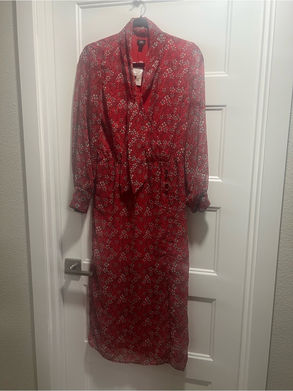 River Island Red Floral Long-Sleeve Tie-Neck Midi Dress